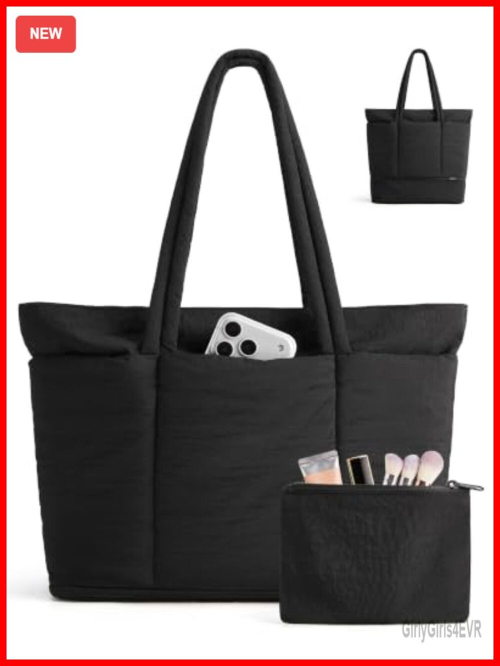 Expandable Puffer Tote Bag with Padded Laptop Compartment & Pouch
